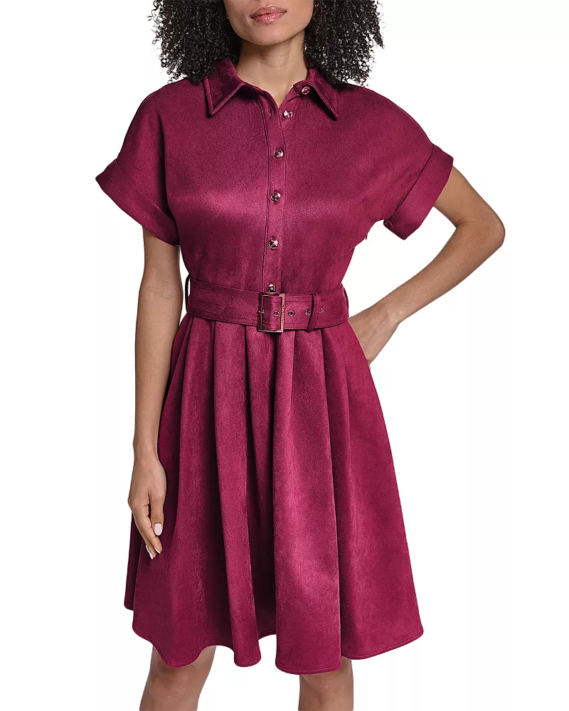 Karl Lagerfeld Paris Belted Faux Suede Pleated Skirt Shirt Dress