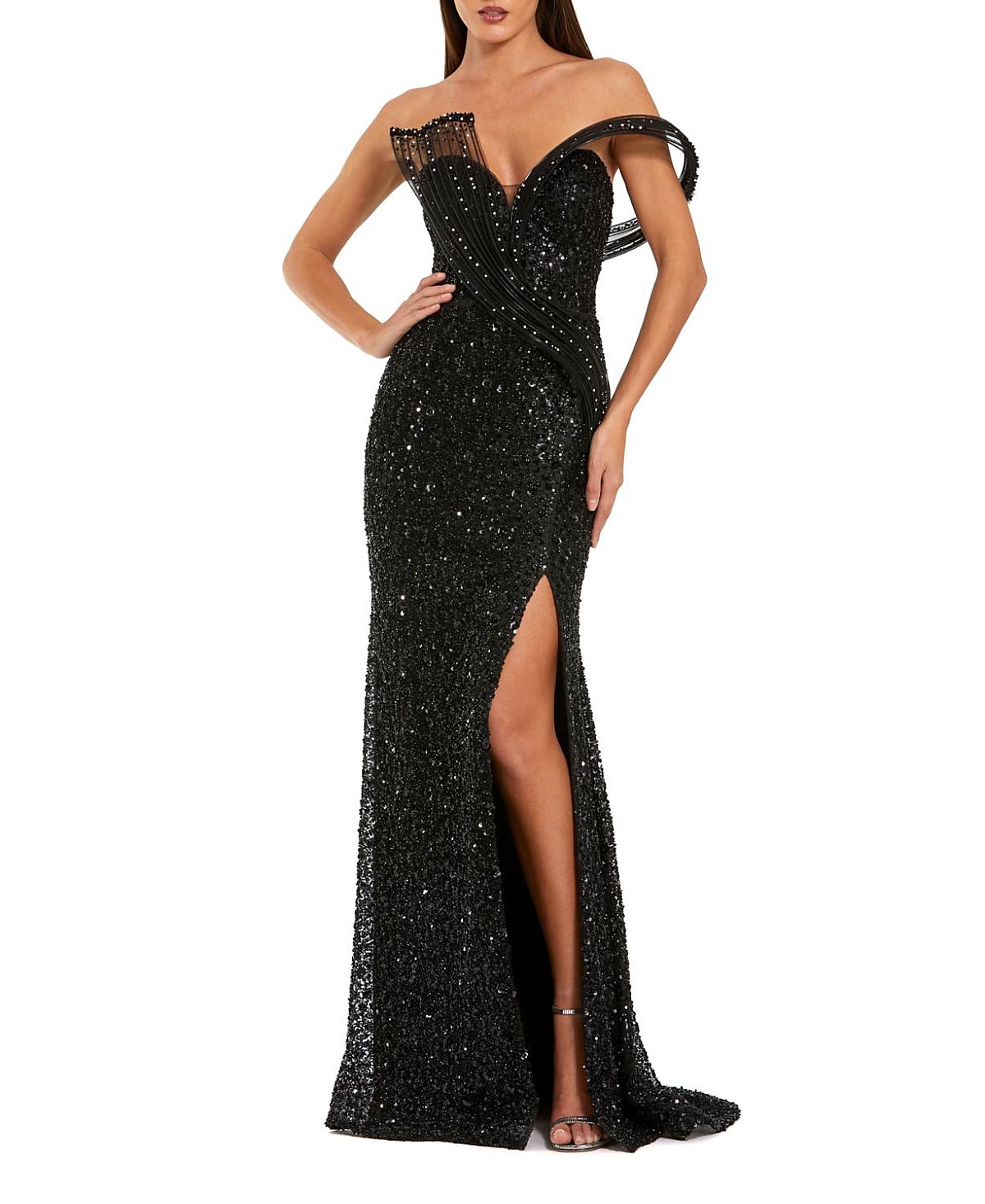Mac Duggal Petite Sequin Gown With Sculptural Off-Shoulder Detail