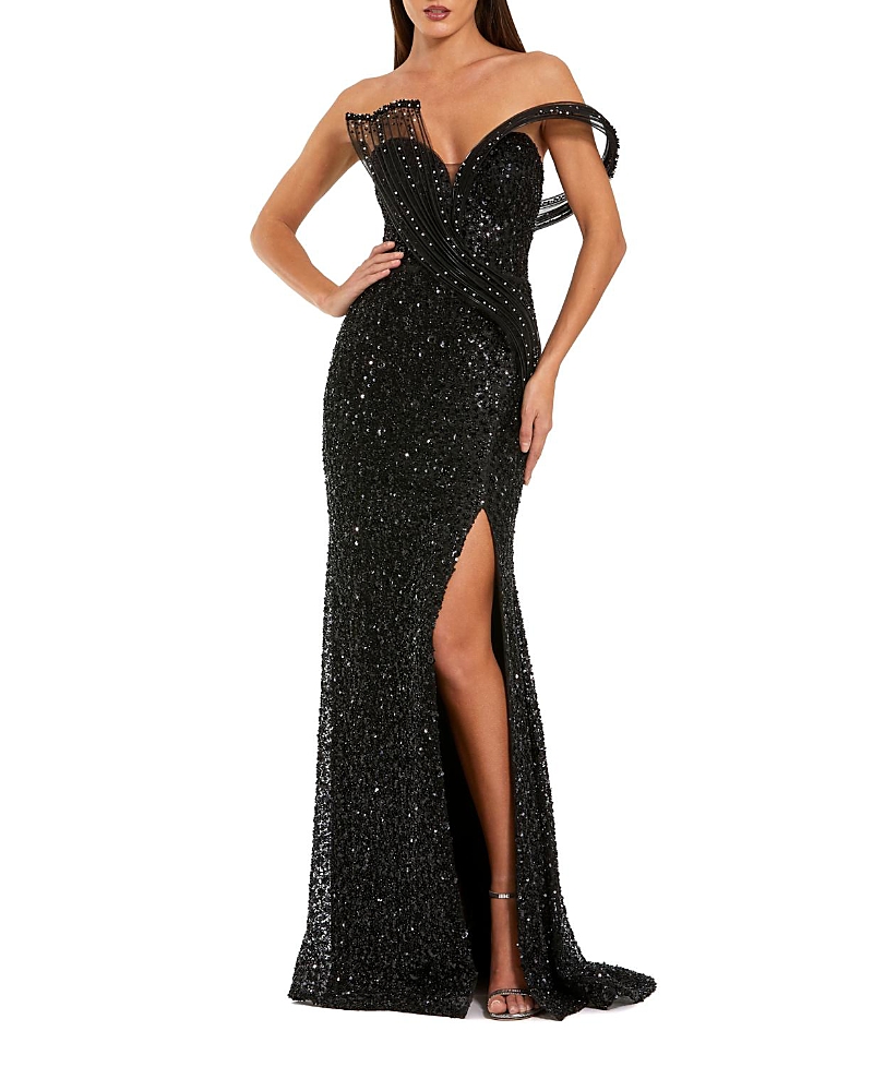 Mac Duggal Petite Sequin Gown With Sculptural Off-Shoulder Detail