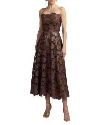  Strapless Floral Leather A-Line Midi Dress