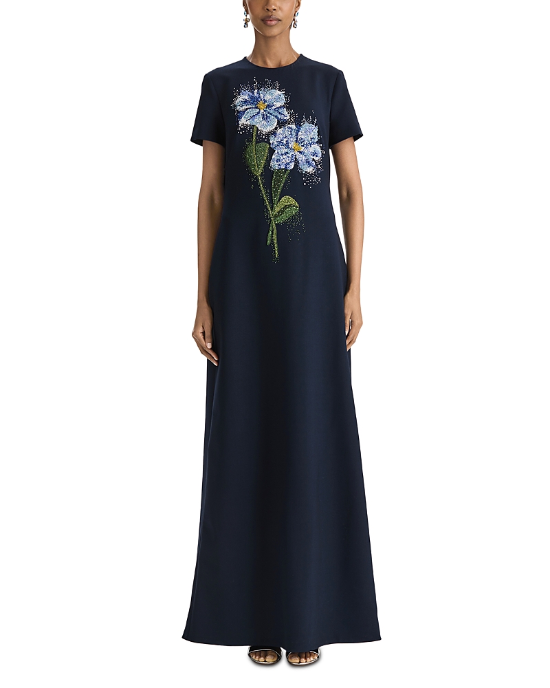 Oscar de la Renta Short Sleeve Beaded Chine Floral Embellished Caftan