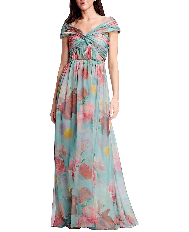 Dress The Population Xyla Off-the-shoulder Floral Print Chiffon Gown In Mint Multi