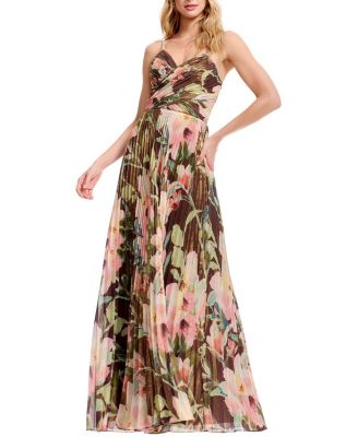Floral Pleated V-Neck Gown