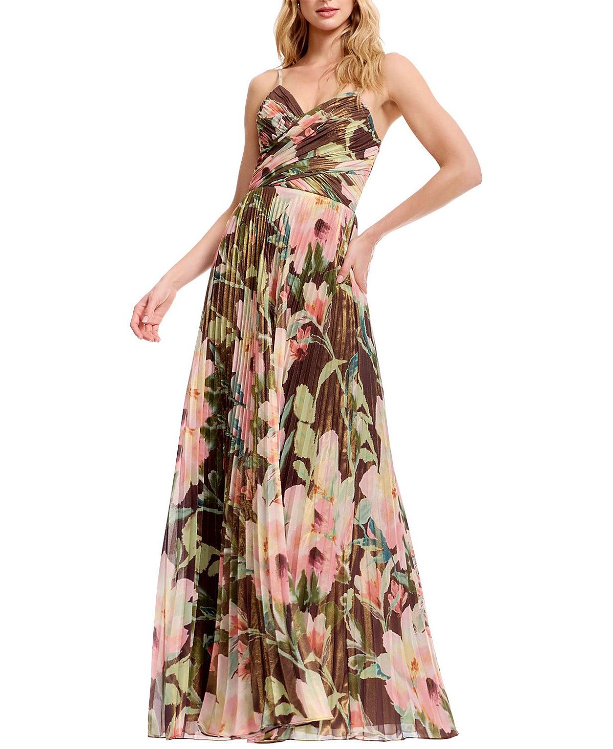 Dress the Population Floral Pleated V-Neck Gown