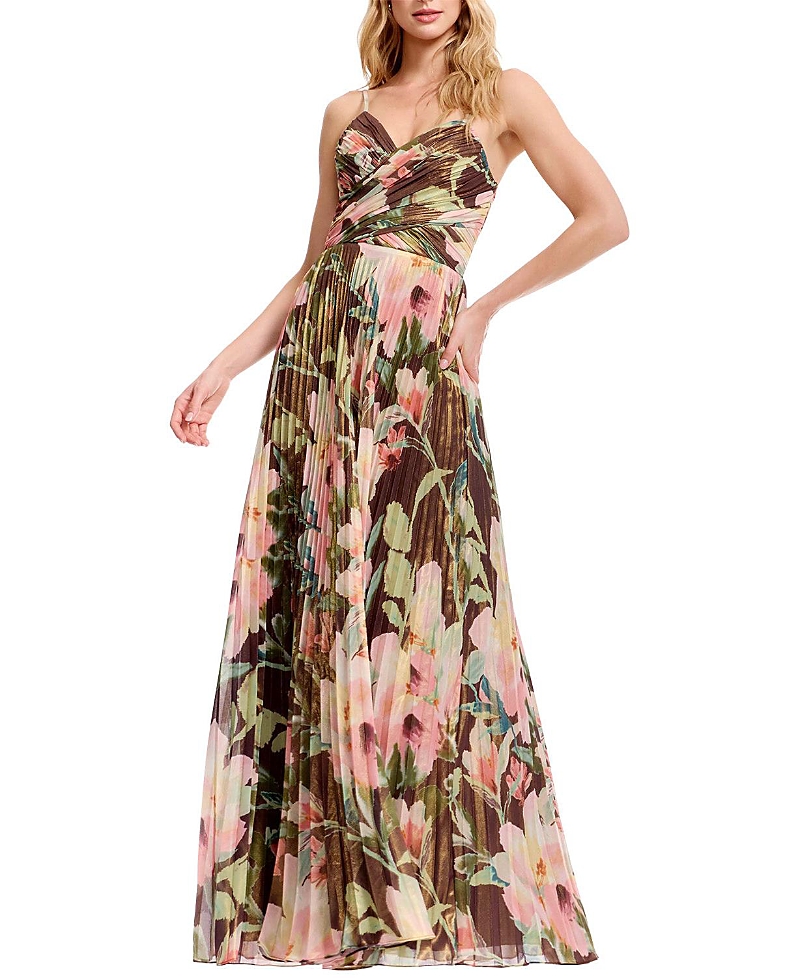 Dress the Population Floral Pleated V-Neck Gown