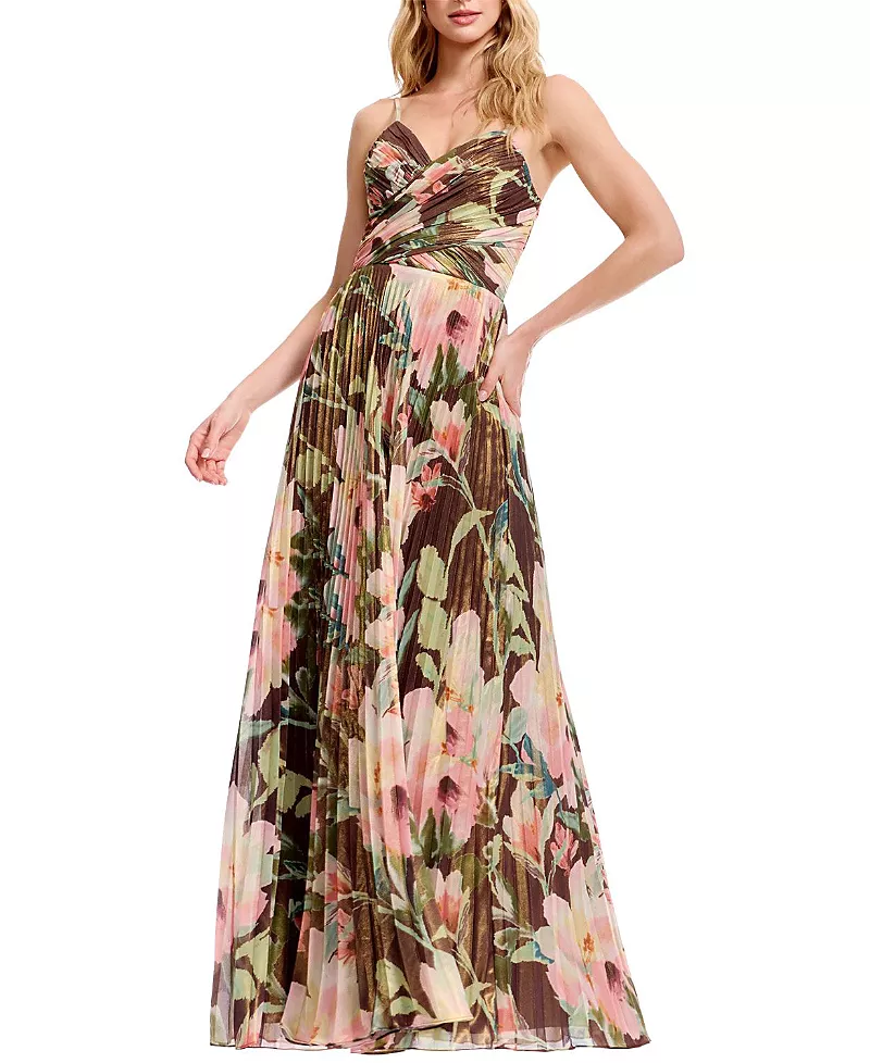 Dress the Population Floral Pleated V-Neck Gown