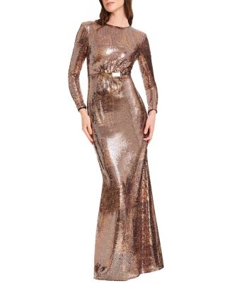  Johanna Long Sleeve Jewel Neck Sequin Belted Mermaid Gown