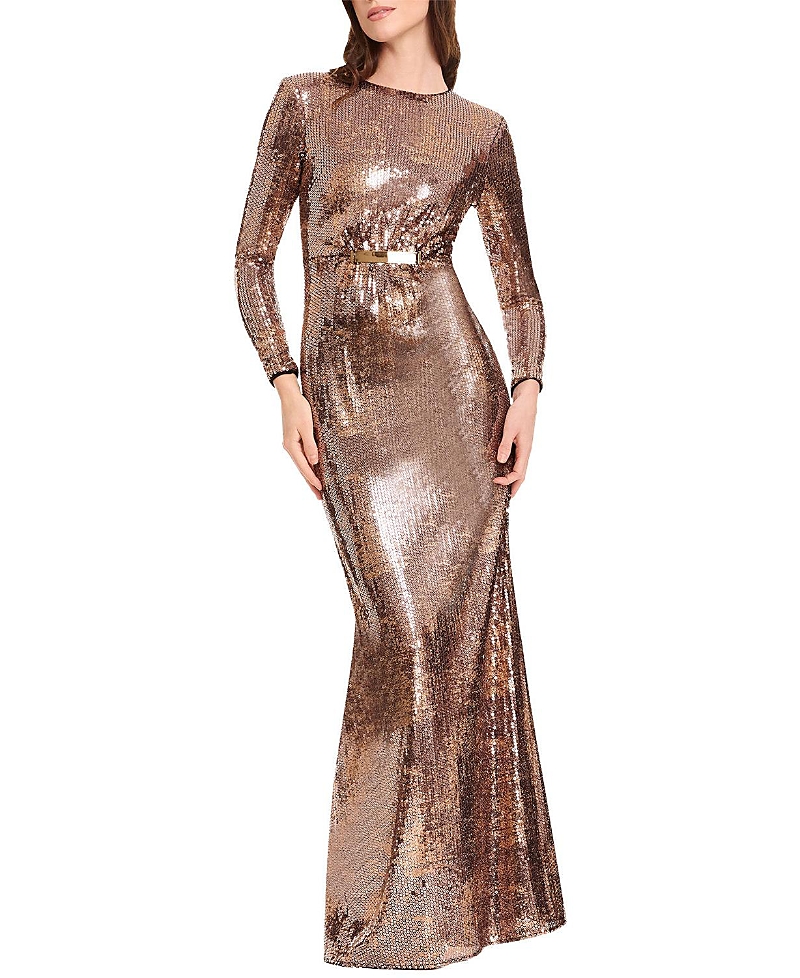 Dress the Population Johanna Long Sleeve Jewel Neck Sequin Belted Mermaid Gown