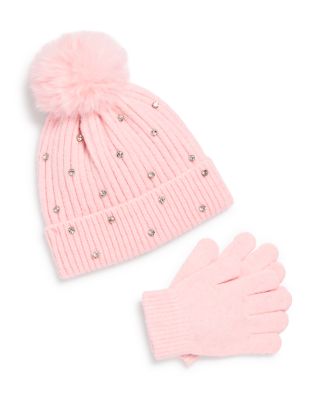 Girls' Rhinestone Beanie with Faux Fur Pom & Gloves Set - Little Kid, Big Kid