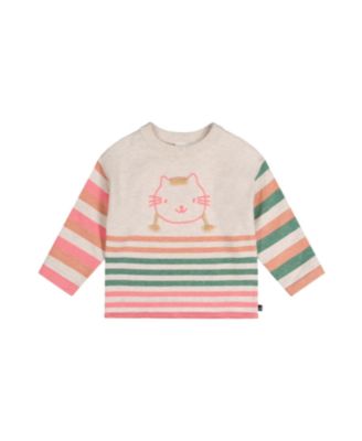 Girls' Knitted Stripe Sleeve Cat AppliquÃ© Sweater - Big Kid