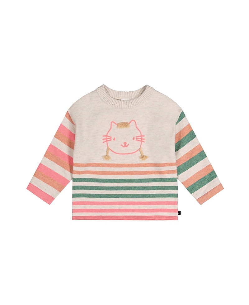 Deux par Deux Girls' Knitted Stripe Sleeve Cat AppliquA Sweater - Big Kid