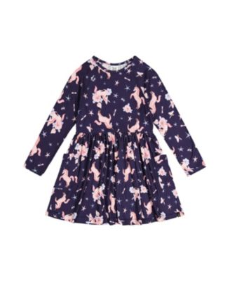  Girls' Long Raglan Sleeve Unicorn Dress with Patch Pockets - Big Kid