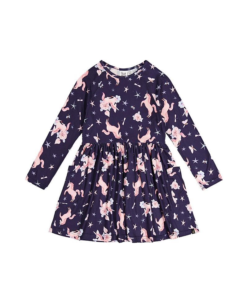 Deux par Deux Girls' Long Raglan Sleeve Unicorn Dress with Patch Pockets - Big Kid