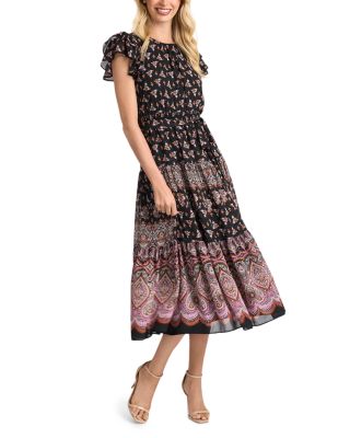Printed Tiered Flutter Sleeve Tie Waist Dress
