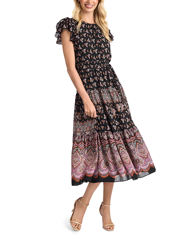 CeCe Printed Tiered Flutter Sleeve Tie Waist Dress