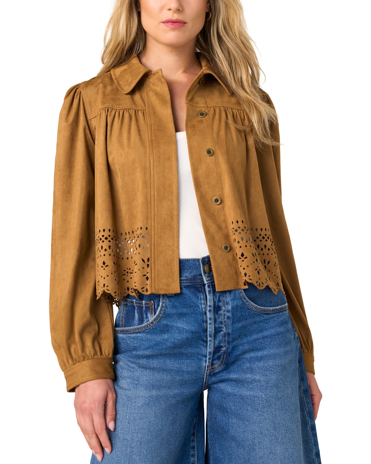 Button Front Puff Sleeve Faux Suede Jacket