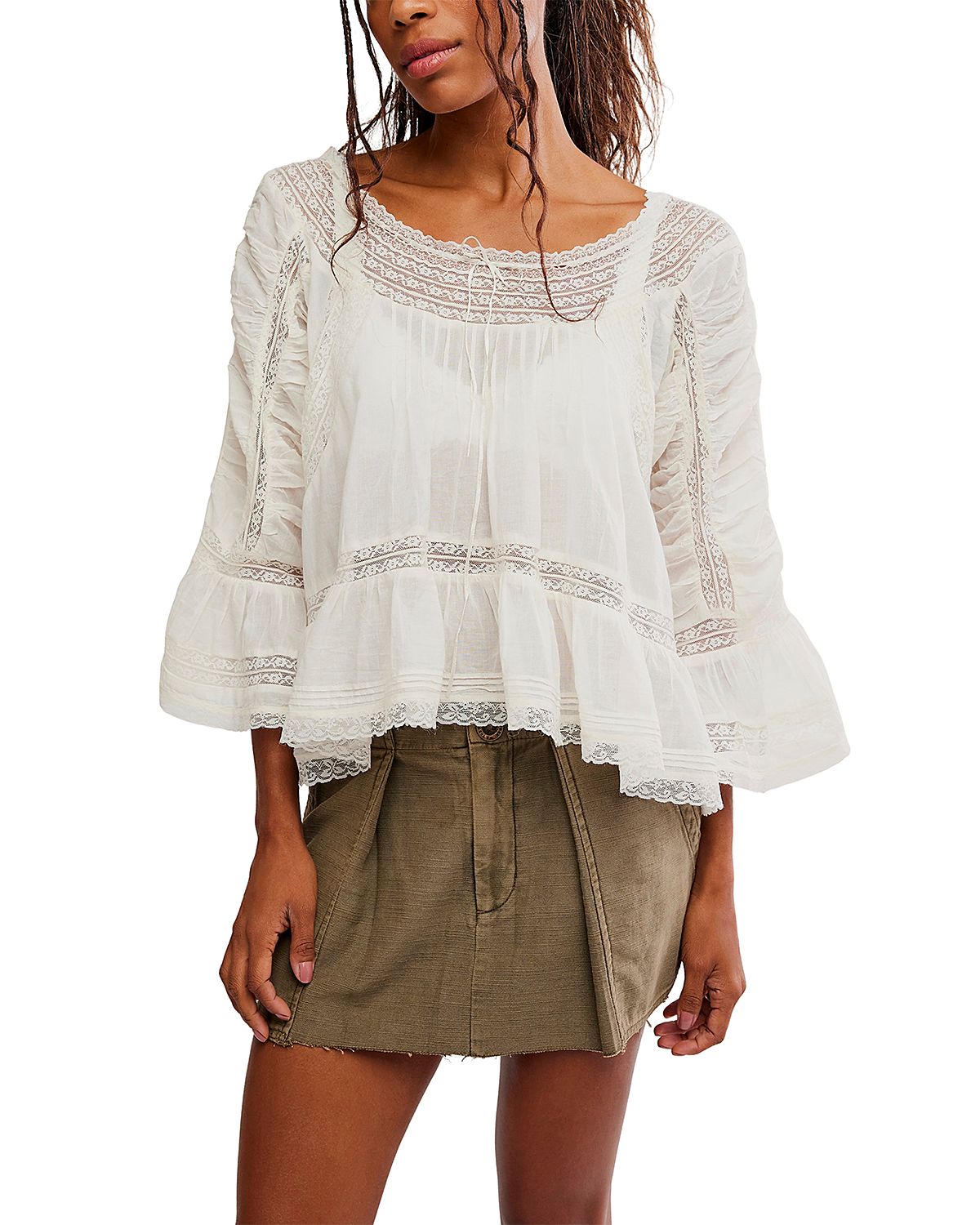 Free People She's a Romantic Ruffled Lace Trim Top