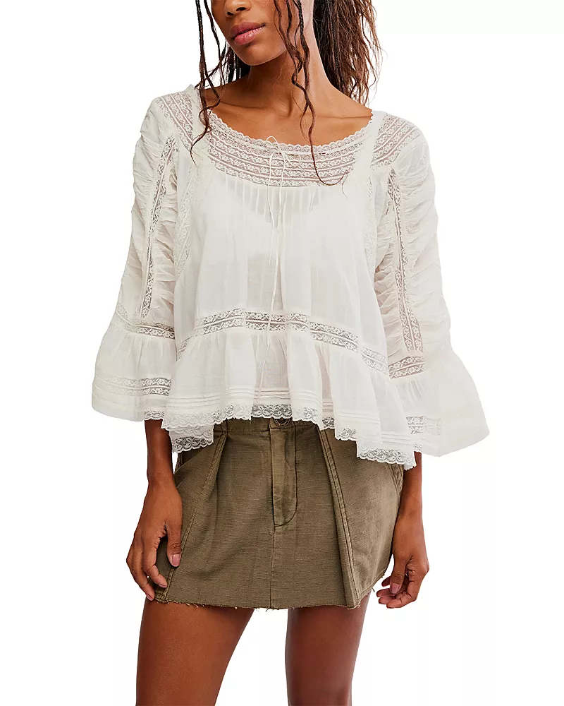 Free People She's a Romantic Ruffled Lace Trim Top
