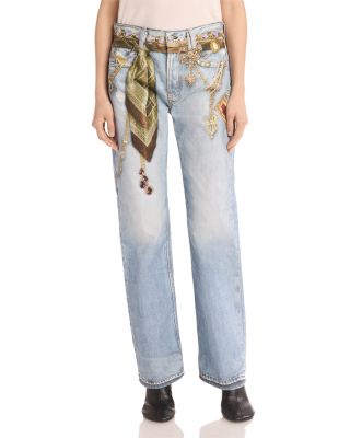 Trompe L'œil Scarf Print Straight Leg Jeans in Light Blue