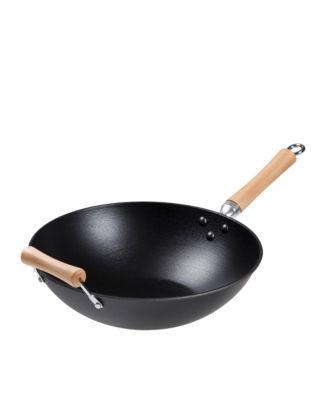  Preseasoned Cast Iron Flat Bottom Wok with Maple Handle, 23.25" L x 14" W x 6" H