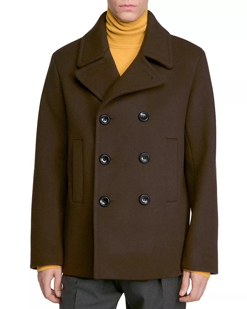 Sandro Double Breasted Wool Blend Pea Coat