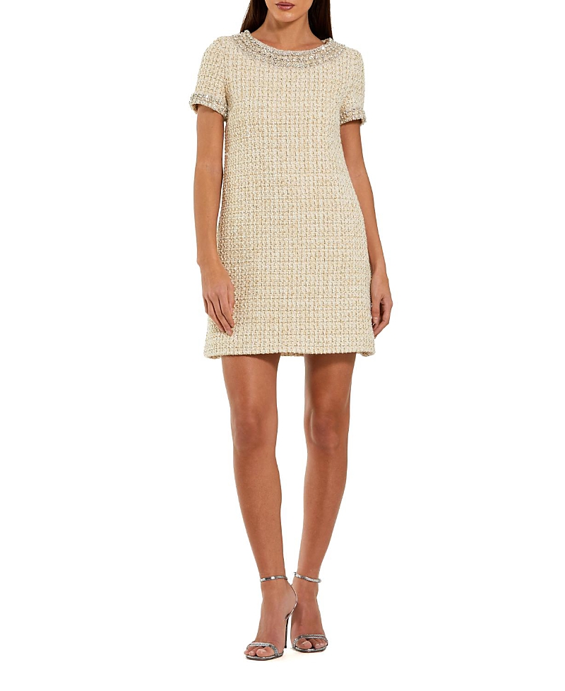 Mac Duggal Short Sleeve Embellished Boucle Mini Dress