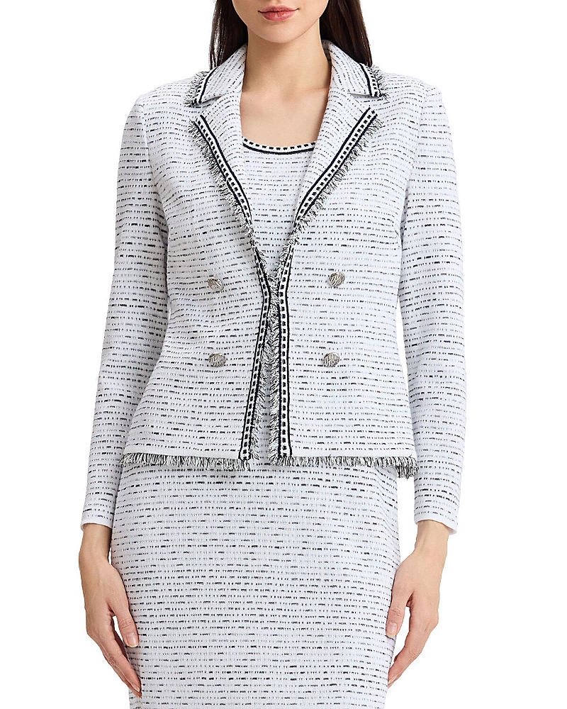 Ming Wang Heritage Eyelash Trim Lapel Collar Knit Jacket In White/indigo