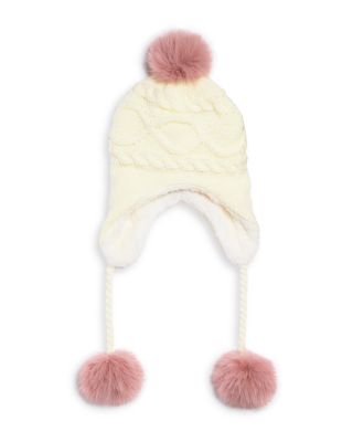 Girls' Cable Knit Hat&nbsp;With Earflaps & Faux Fur  Pom - Ages 7-14