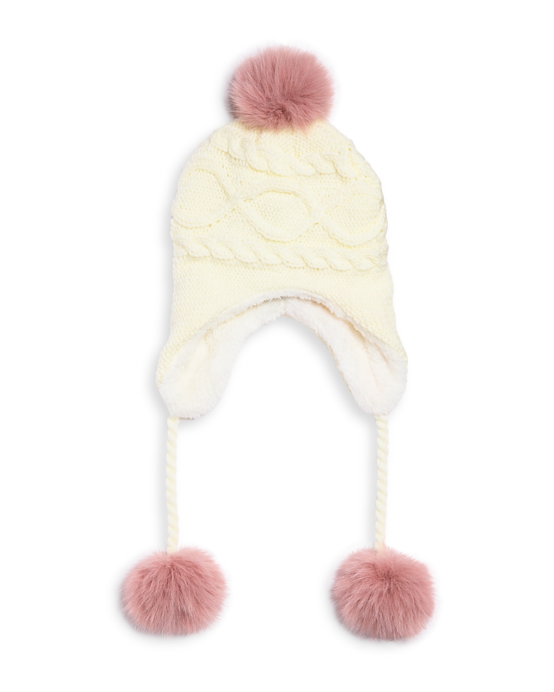 Surell Kids' Girls' Cable Knit Hatwith Earflaps & Faux Fur Pom - Ages 7-14 In White