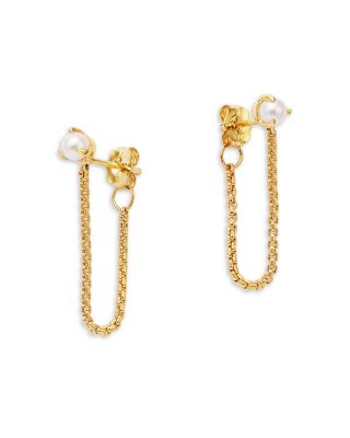 14K Yellow Gold Natural Pearl Chain Stud Earrings