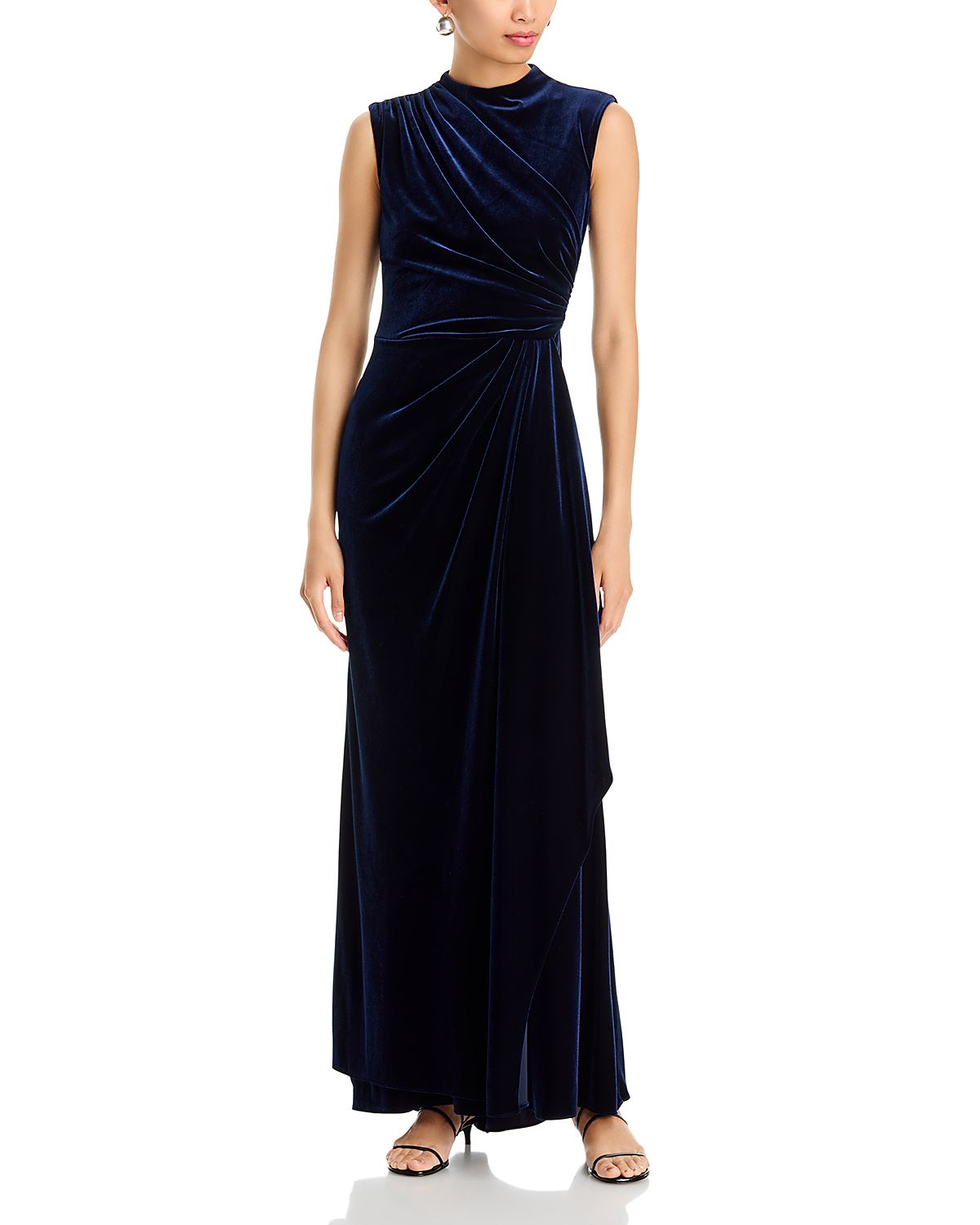 Aqua Velvet Side Ruched Sleeveless Gown - Exclusive