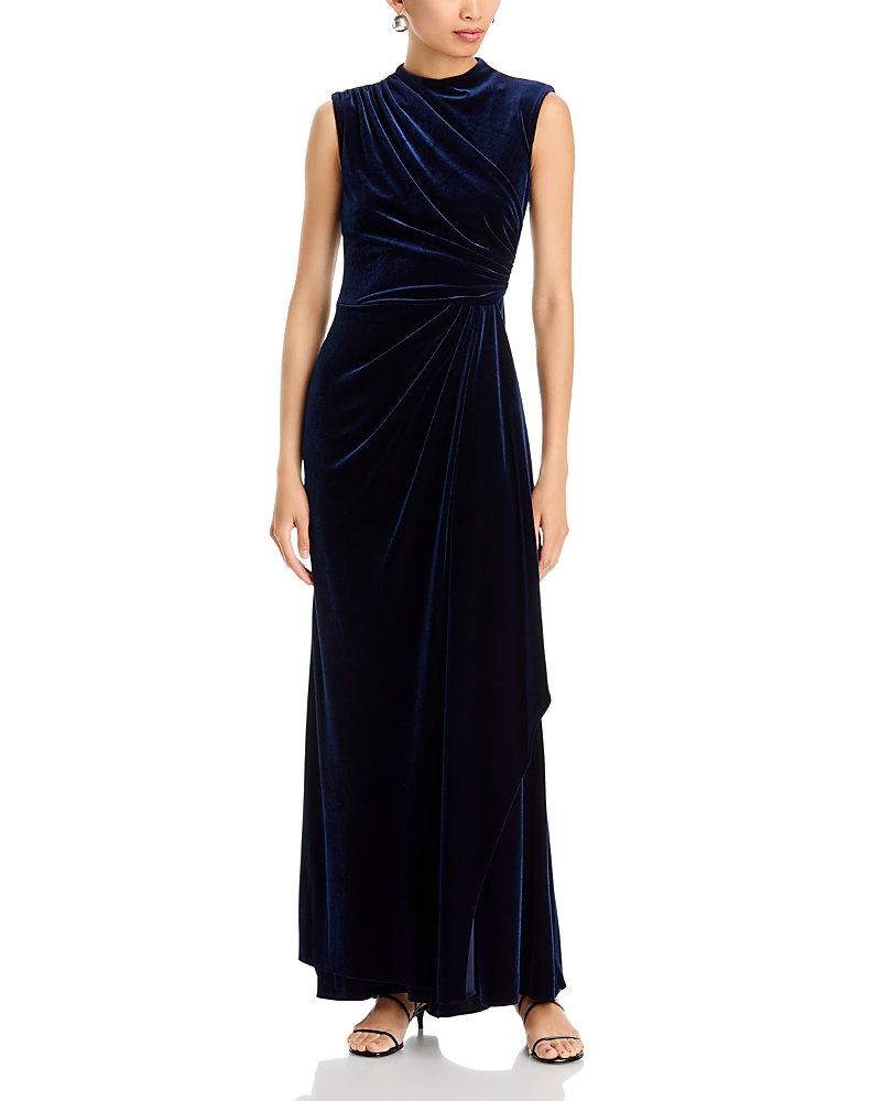 Aqua Velvet Side Ruched Sleeveless Gown - Exclusive