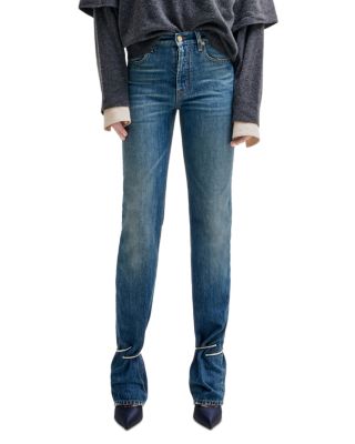 Cotton High Rise Embellished Cuff Straight Leg Jeans in Medium Wash Wrinkle