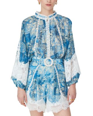 Long Sleeve Printed Lace Trim Blouse