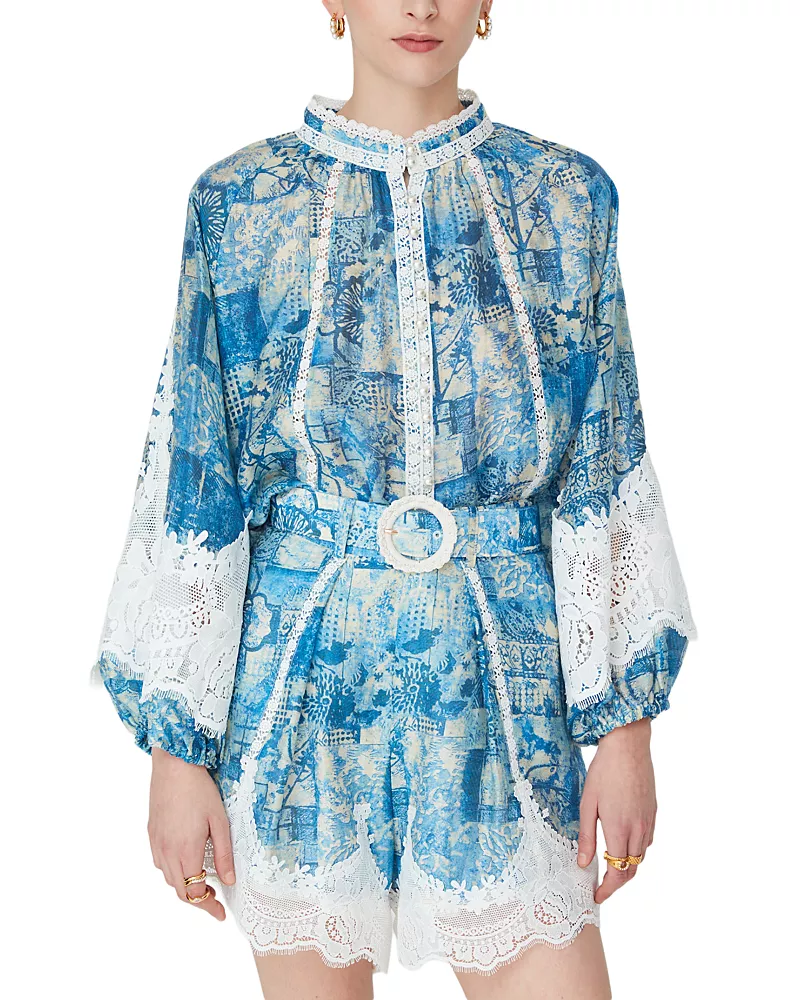 Jovonna London Long Sleeve Printed Lace Trim Blouse