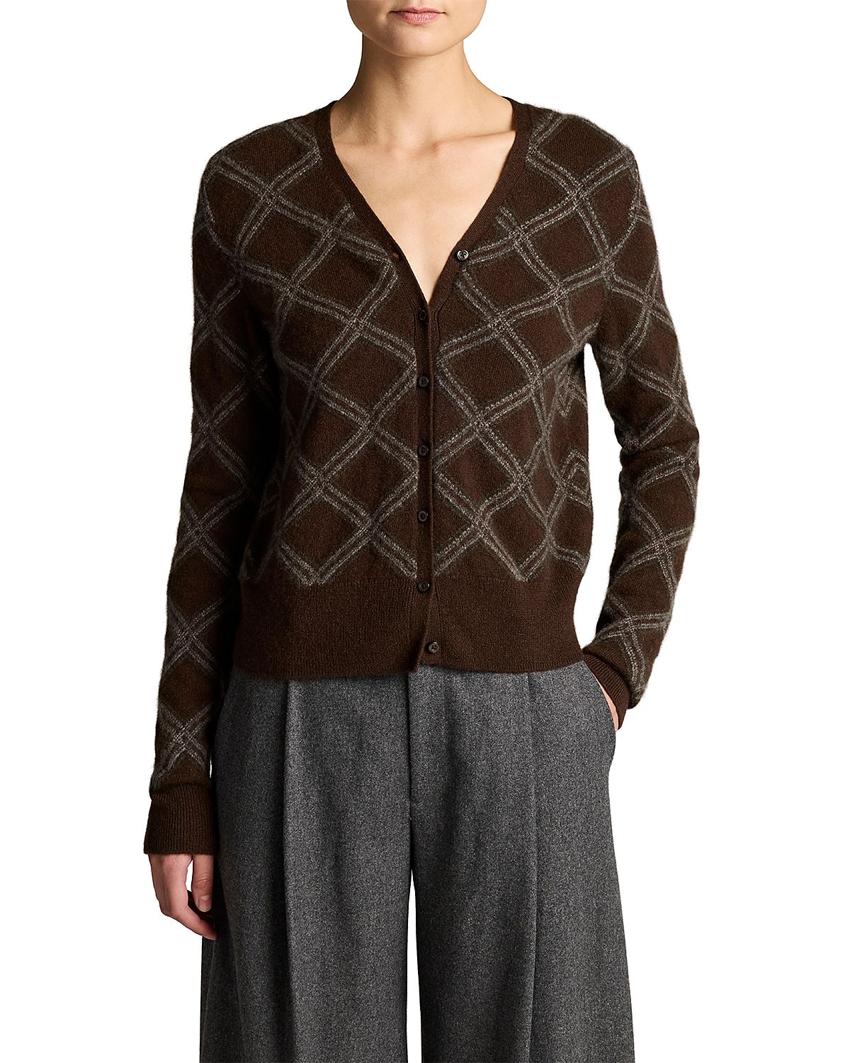 Vince Cashmere Diamond Plaid Long Sleeve Cardigan