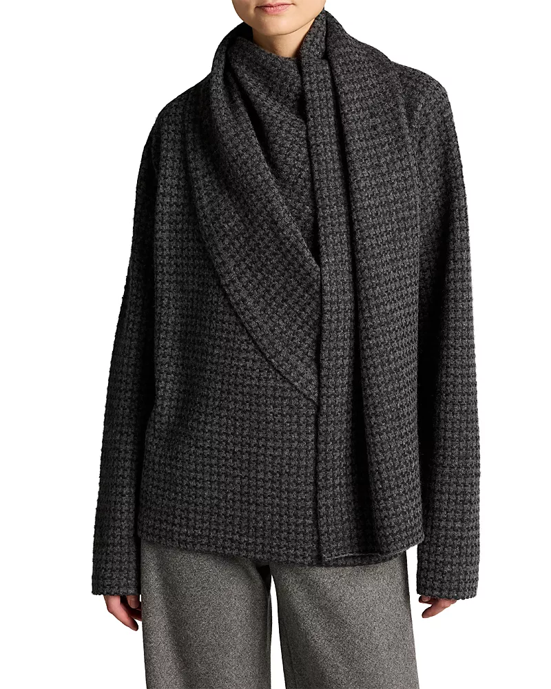 Vince Wool & Cashmere Draped Scarf Houndstooth Sweater