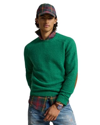Suede Elbow Patch Wool Blend Crewneck Sweater