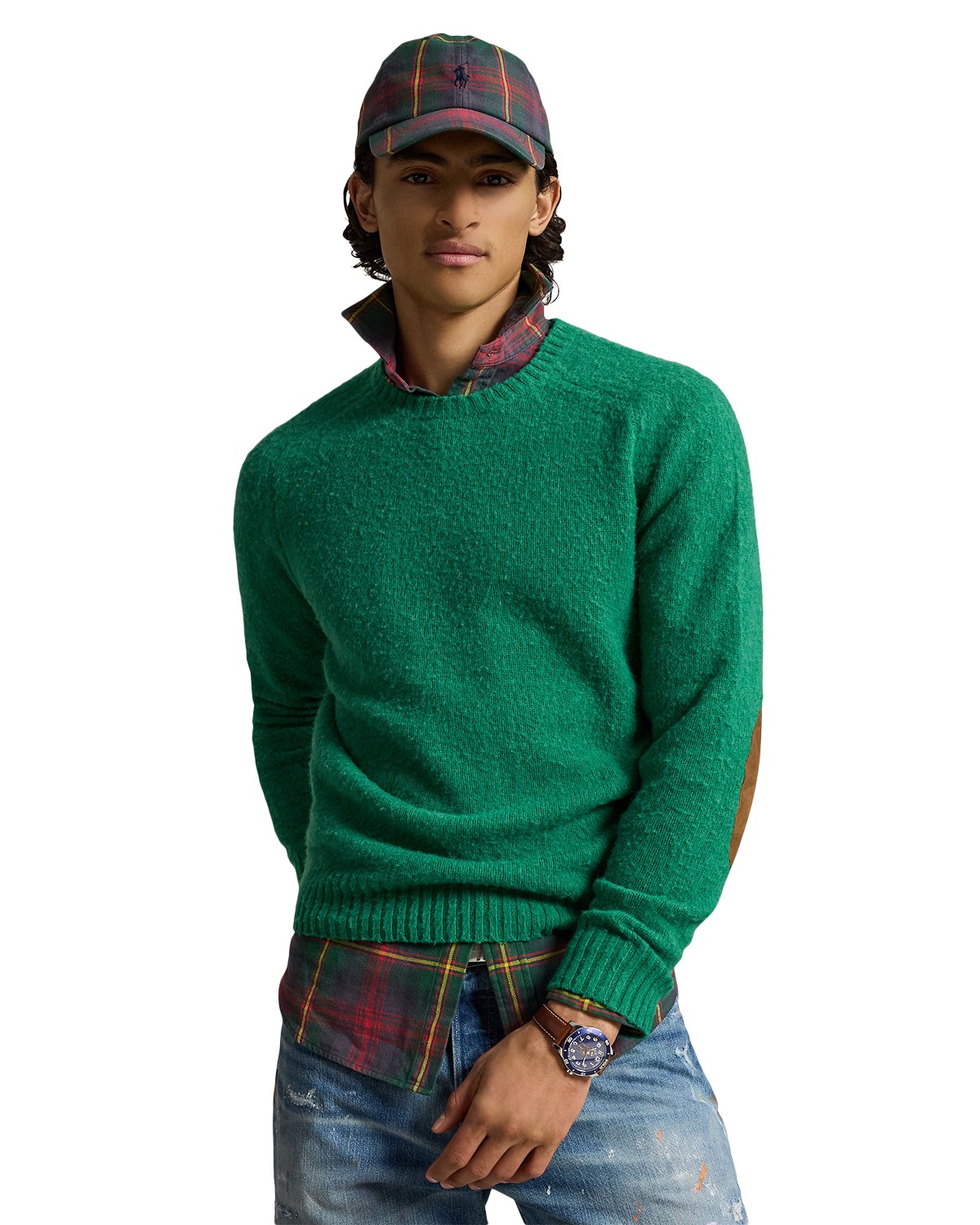 Suede Elbow Patch Wool Blend Crewneck Sweater