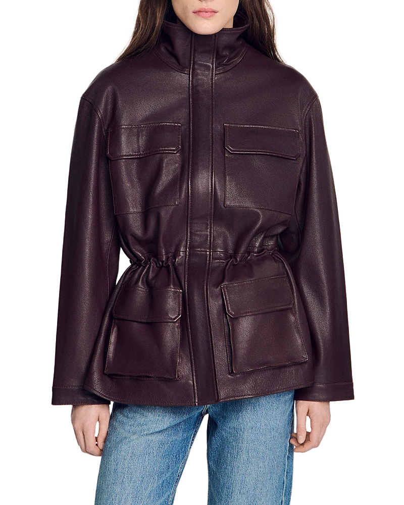 Sandro John Oversized Leather Jacket In Brown