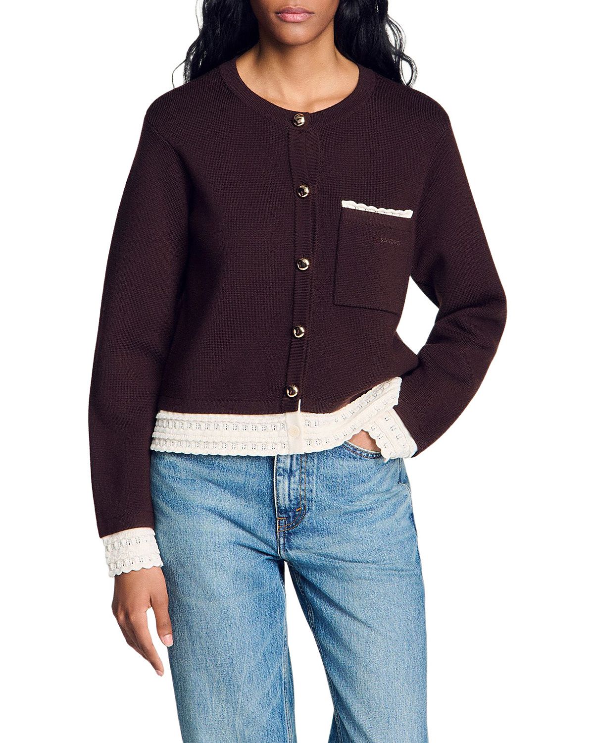 Sandro Candide Lace Trim Cardigan