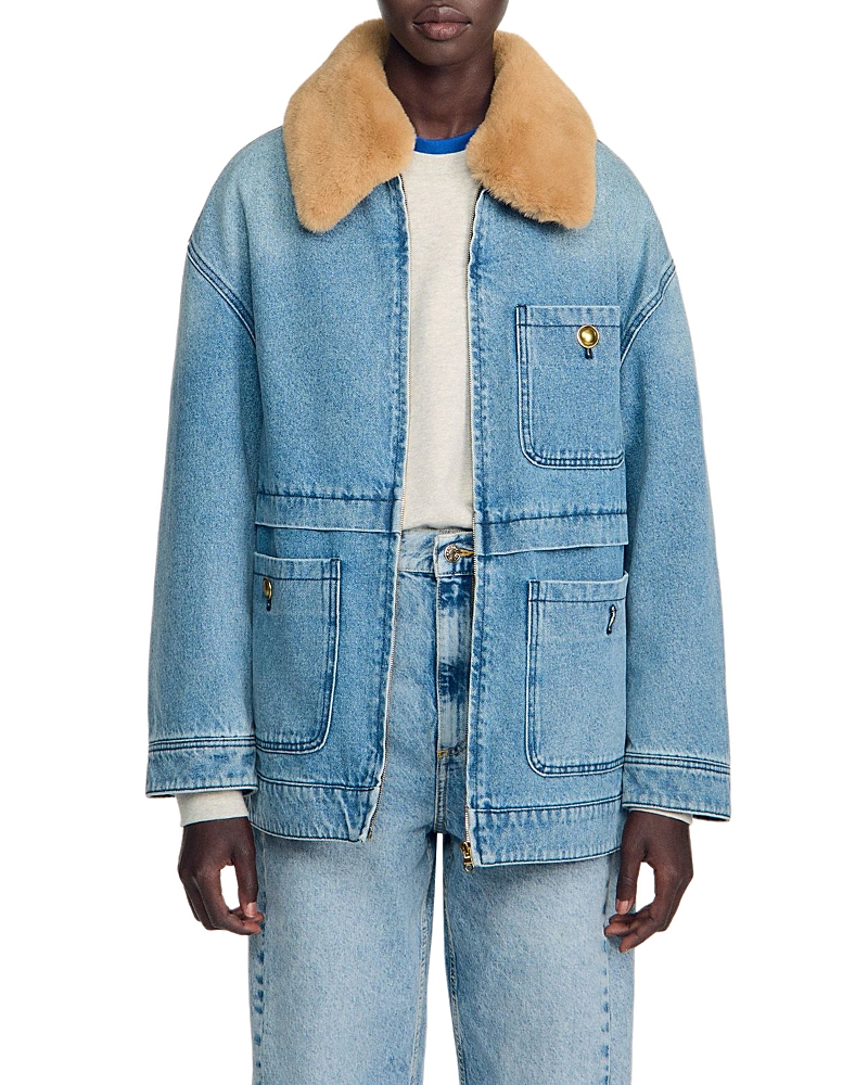 Sandro Cameron Cotton Denim Coat with Faux Fur Collar
