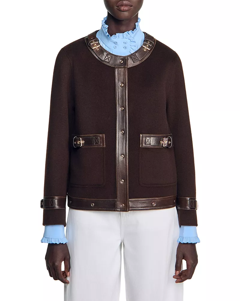 Sandro Greenwich Wool Blend Leather Trim Jacket