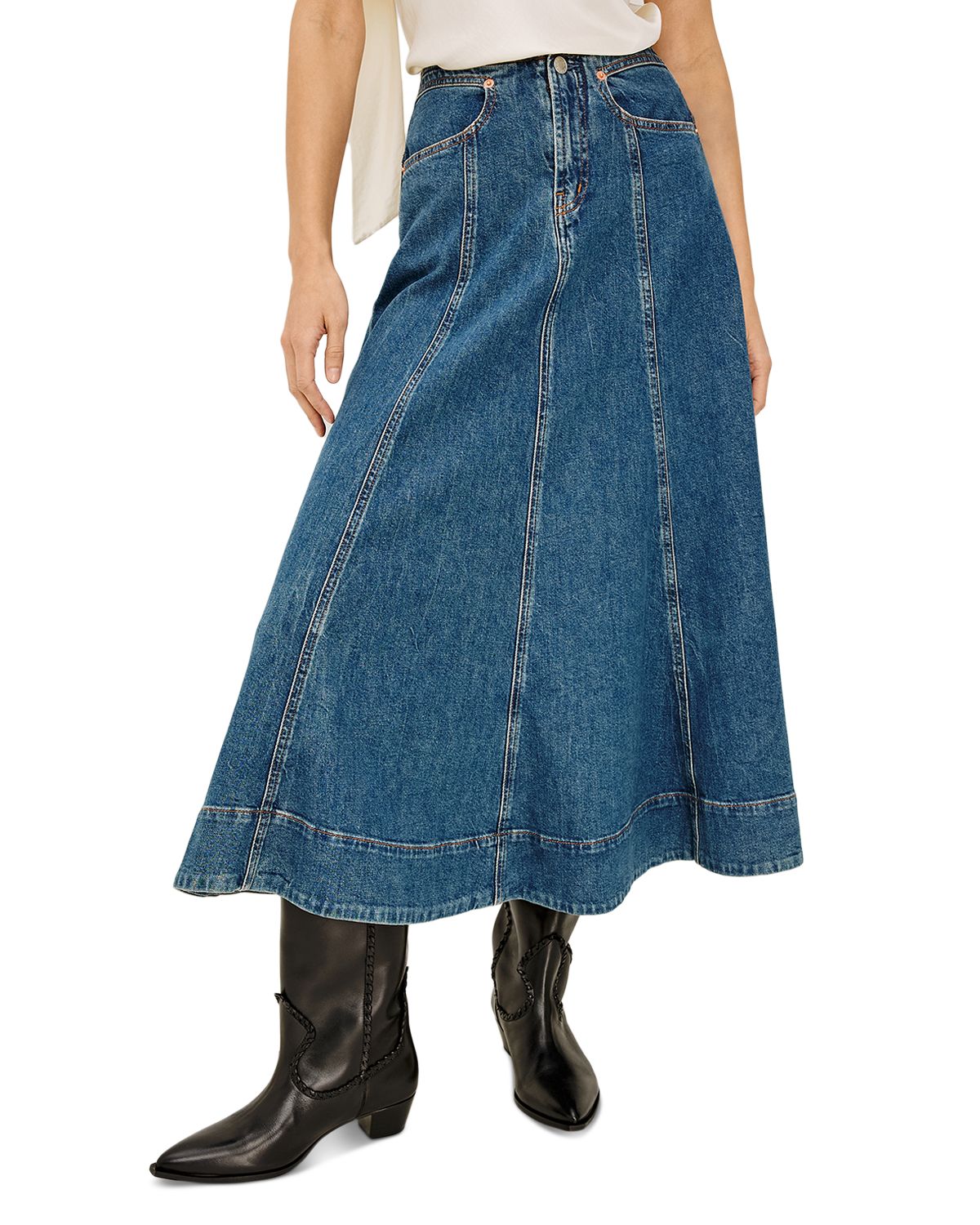 Vicente Cotton Stretch A Line Midi Jean Skirt in Meadowbrook thumbnail 5