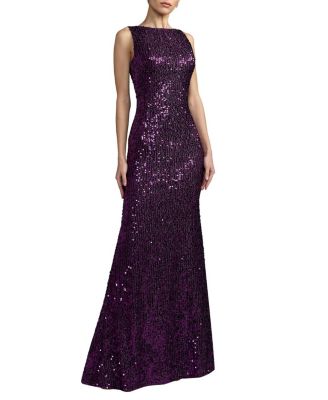  Cowl Back Boat Neck Sequined Evening Gown