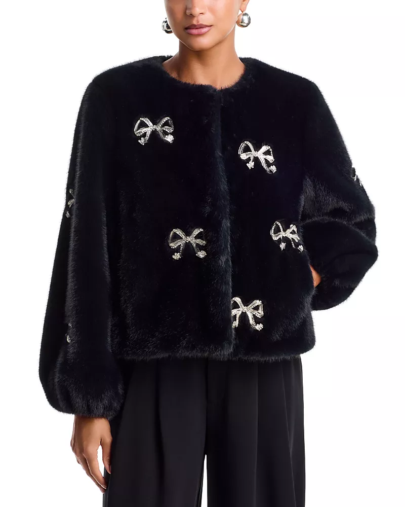 Cinq a Sept Rhinestone Bow Faux Fur Benson Coat