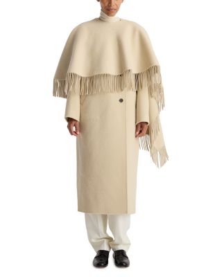 Wool Double Faced Cape Overlay Fringe Coat