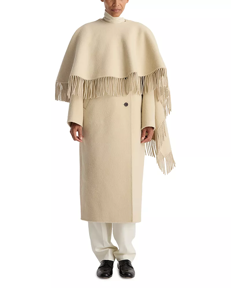 Rohe Wool Double Faced Cape Overlay Fringe Coat