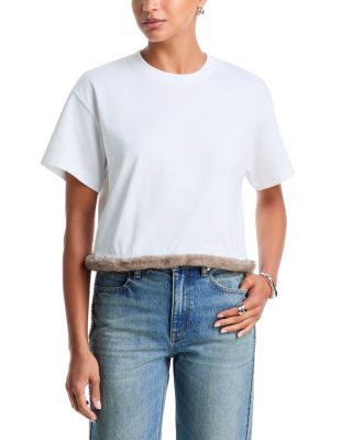 Cotton Faux Fur Trim Crewneck Tee