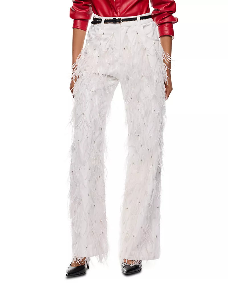 Pinko Tigra Cotton Feather Embellished Wide Leg Pants